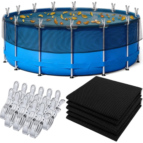 Pool Leaf Net Cover for Above Ground Pools, Round Pool Mesh Covers with 16 Pcs Large Metal Clips, Winter Cover Mesh Cover, Winter Swimming Pools Cover for Catch Leaves (Black, Fit for 24' (Round))