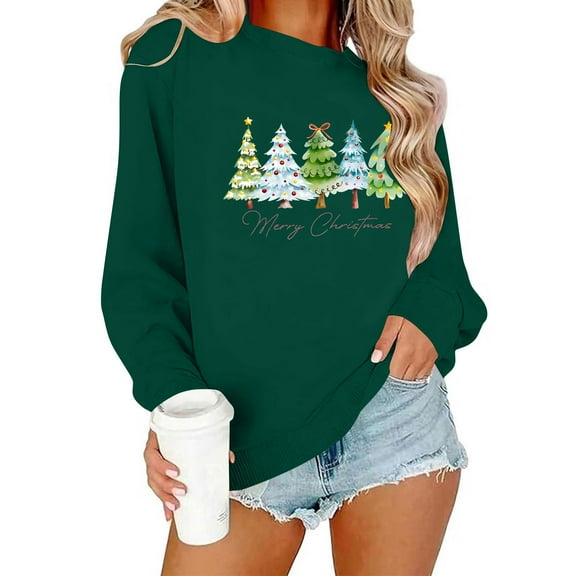 GUZOM Womens Christmas Tree Graphic Sweatshirt - Green Oversized Long Sleeve Crew Neck, Merry Christmas Print, Soft 100% Polyester for Holiday Parties & Daily Wear,Size XS