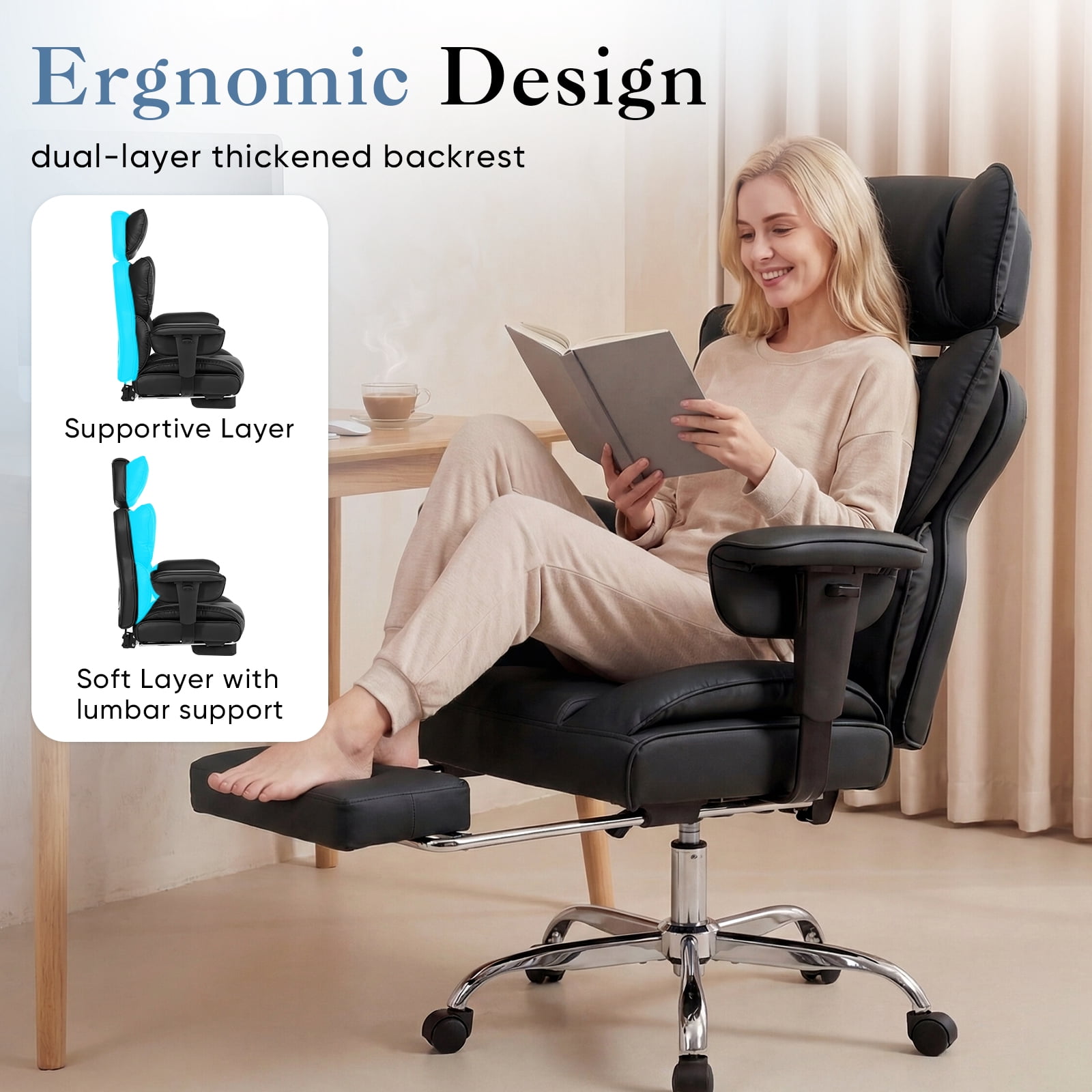 CONCETTA Ergonomic Office Chair 400LBS for Big & Tall, Heavy Duty Desk Chair with Reclining Back, Footrest, Luxurious PU Leather, Black