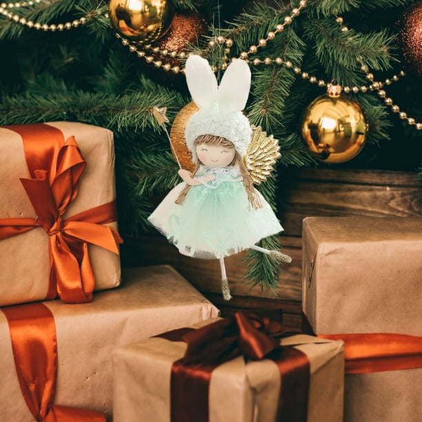 Colgante de adorno para árbol de Navidad | Alas y orejas de ángel con vestido de malla | Lindo colgante de hada para niña para decoración navideña
