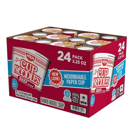 Nissin Cup Noodles Beef Flavor – 24 Pack Bulk Case, 2.25 oz Each | Microwavable Paper Cup Ramen Soup
