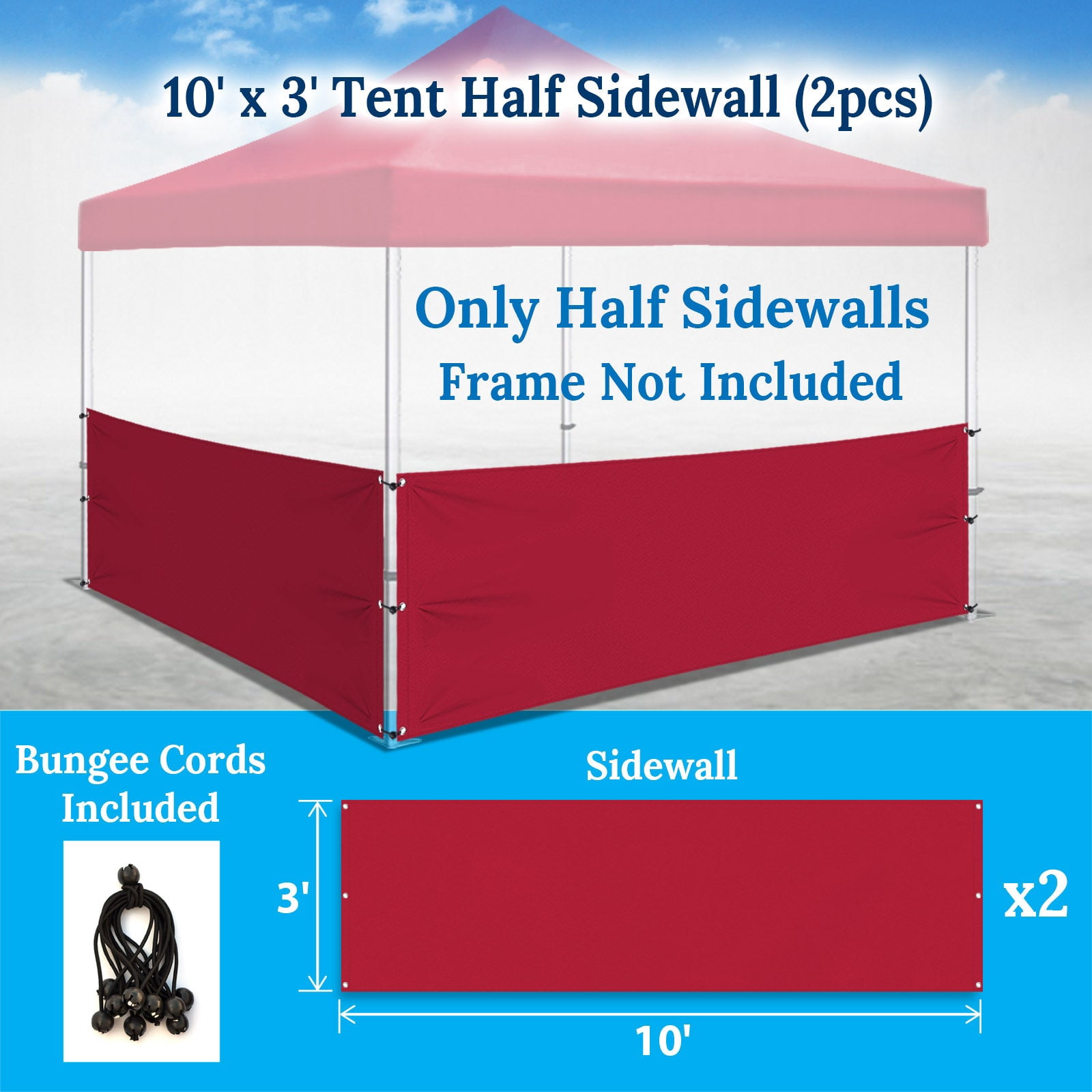 ALUVIERA 10x3' Canopy Half Wall Outdoor Gazebo Side Panels for Pop Up Tent Gazebo Shelter w/Ball bungees(2 Pack, Burgundy)