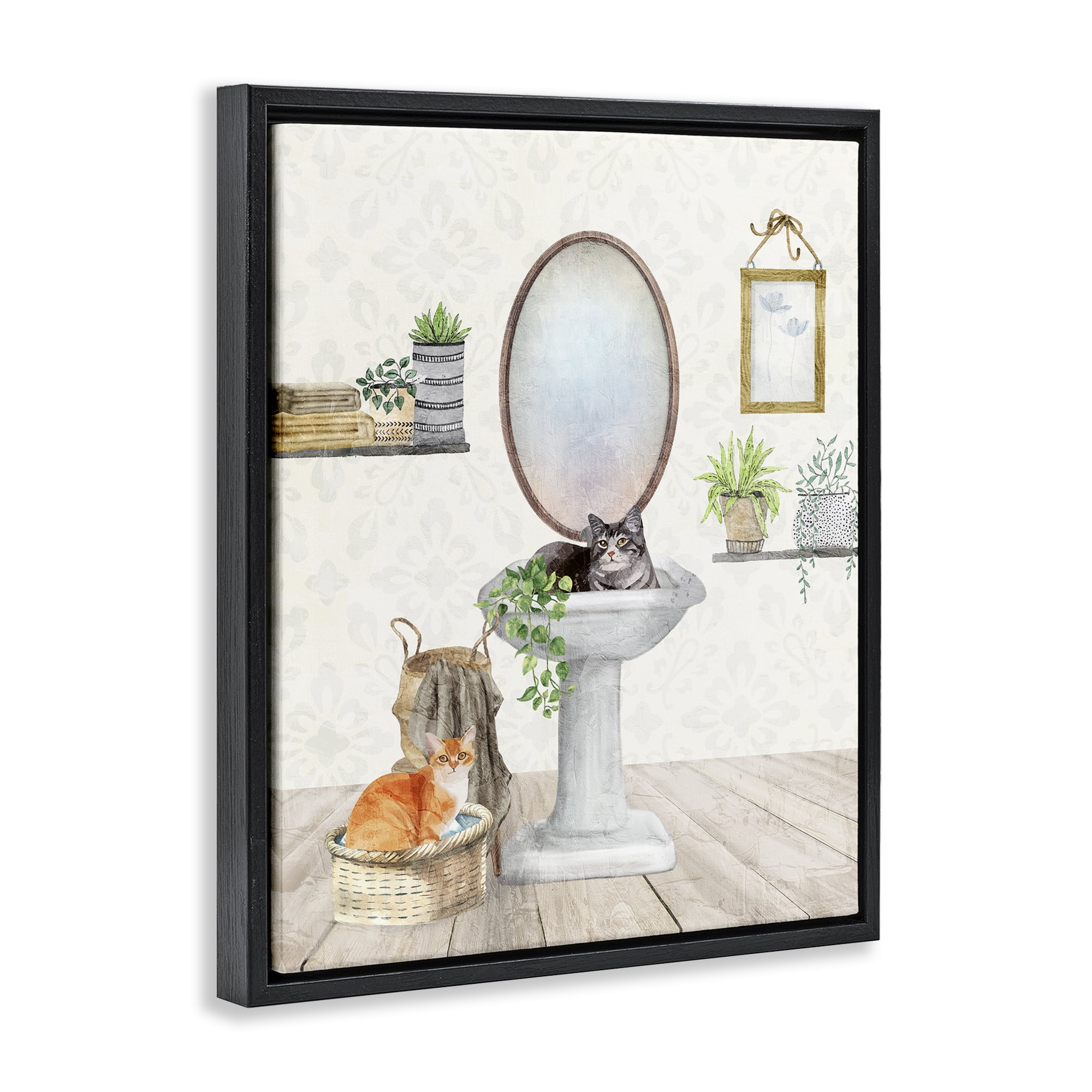 Stupell Industries Cats in Bathroom Scene Bath & Laundry Painting Black Floater Framed Canvas Art Print Wall Art, 17 x 21