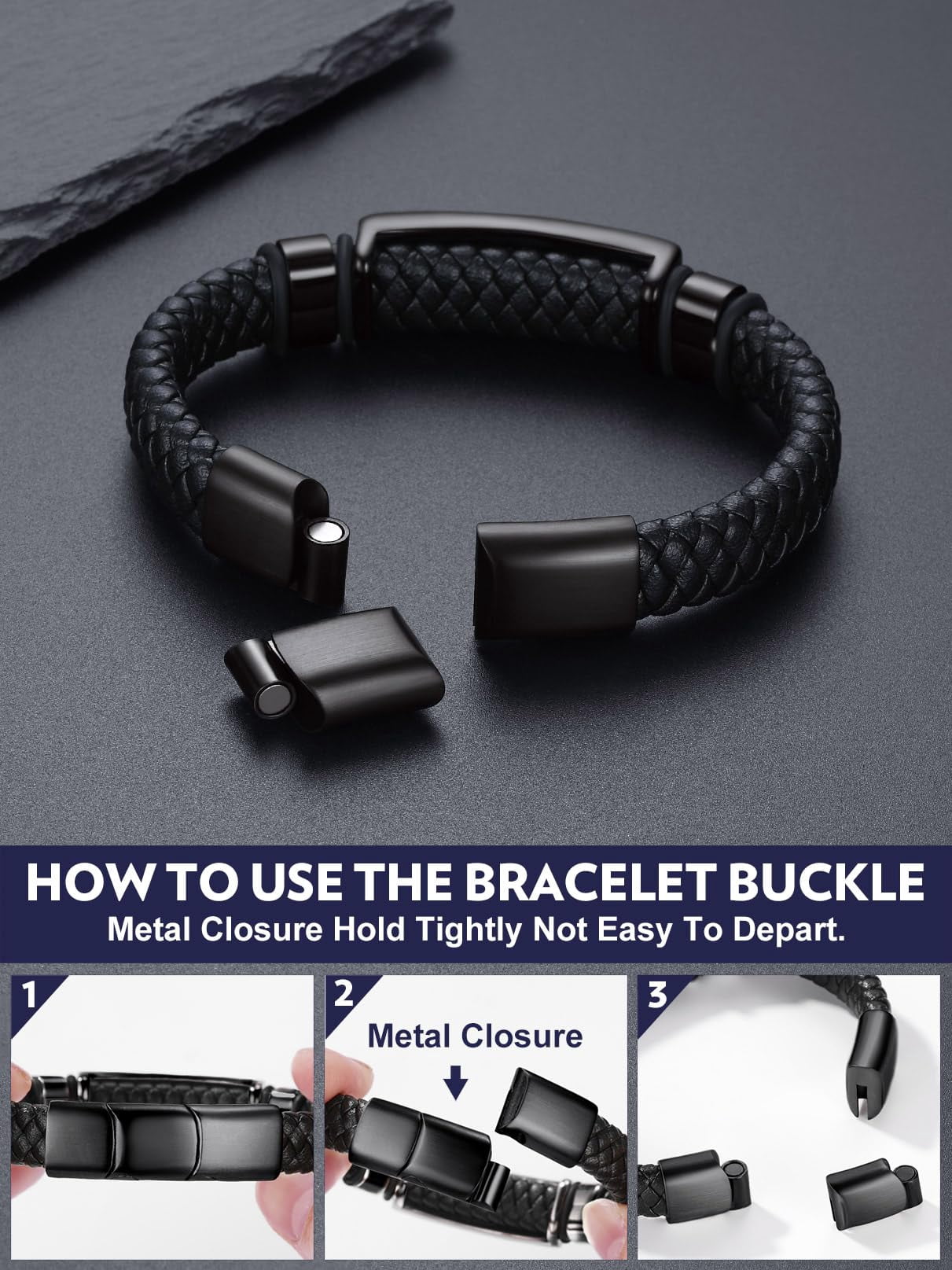 Bandmax Black Leather Braided Bracelets for Men Stainless Steel Black Masonic Freemason Wristband Charm Bracelet with Adjustable Buckle Birthday Father Day Gift for Dad Son Husband Grandpa