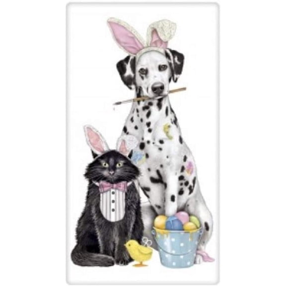 Dalmatian and Black Cat in Bunny Ears Flour Sack Towel