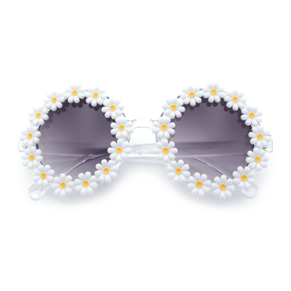 Womens Hippie Bold Daisy Flower Trim Circle Lens Plastic Retro Sunglasses White Yellow - Smoke
