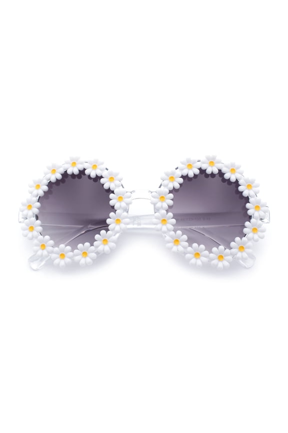 Womens Hippie Bold Daisy Flower Trim Circle Lens Plastic Retro Sunglasses White Yellow - Smoke