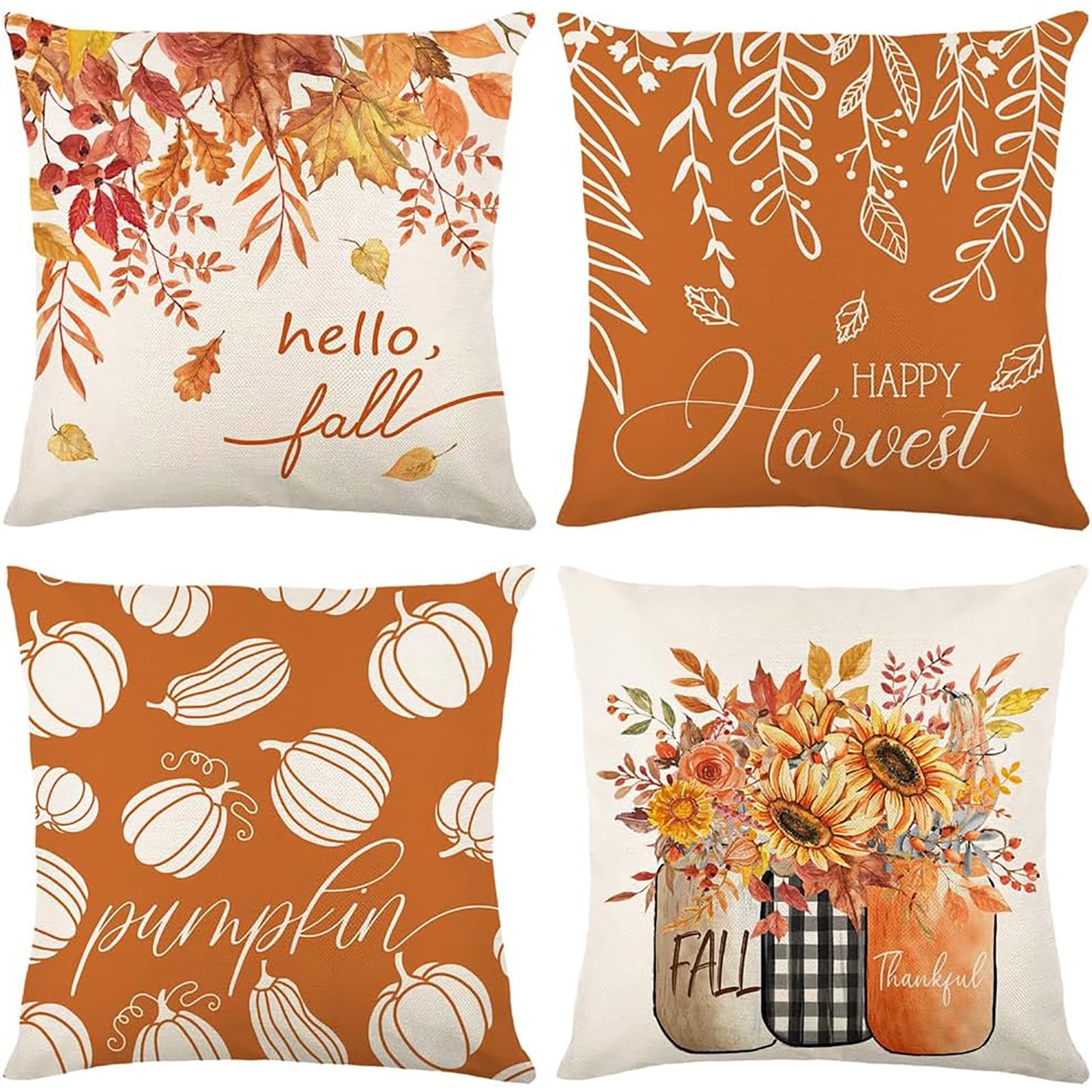 Owis Fall Pillow Covers Decor for Thanksgiving, 4 Pack Farmhouse Autumn
