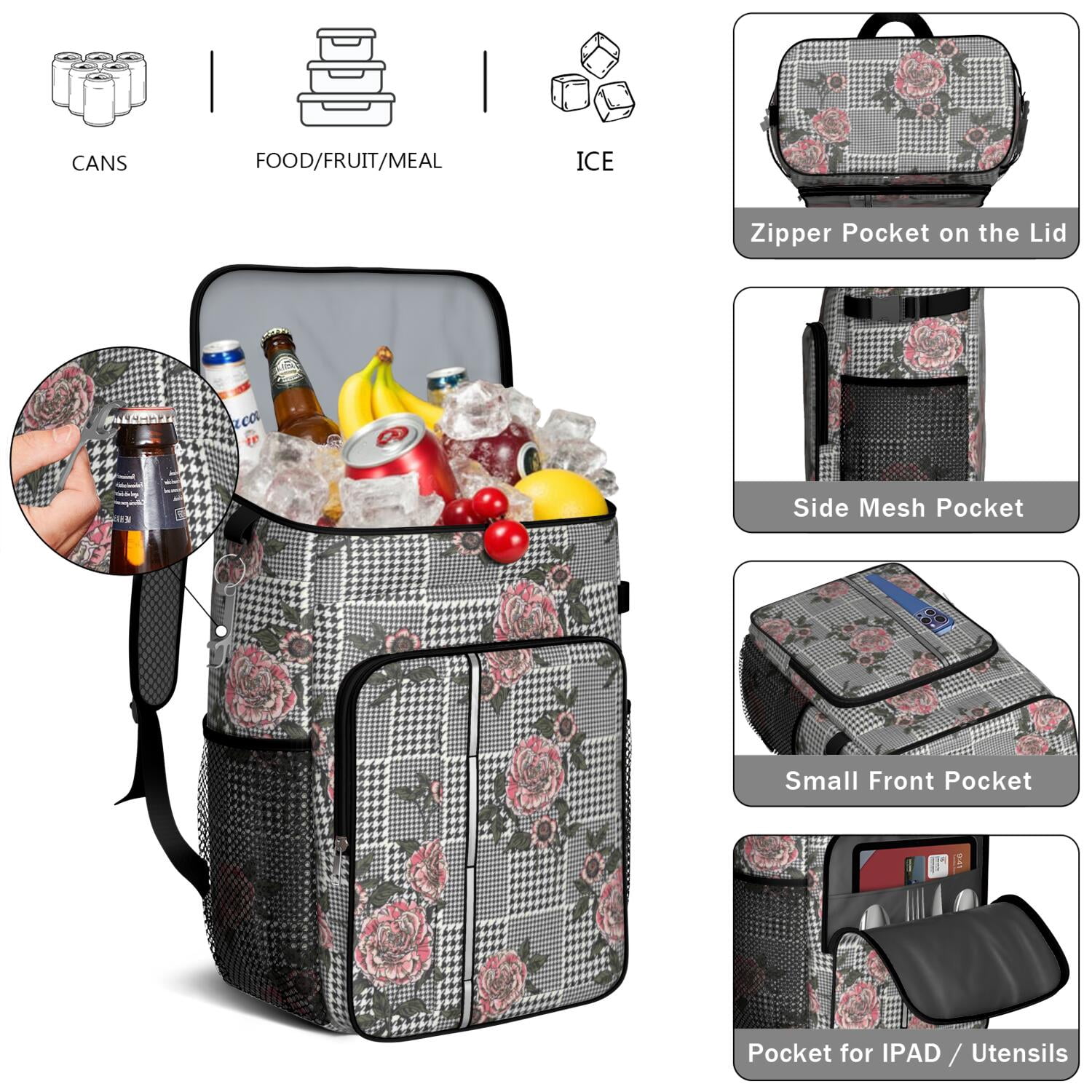Travel Cooler Bag - Pioneer Flower Camping Beer Cooler Backpack with Bottle Opener- Waterproof Insulated Picnic Backpacks - Cooler Bag for Beach