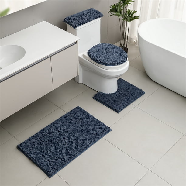 Nvzi Juego de tres piezas de chenilla para baño e inodoro, 3 piezas de alfombrilla de baño suave y cómoda que incluye funda para la tapa del inodoro, alfombras antideslizantes y absorbentes (azul)