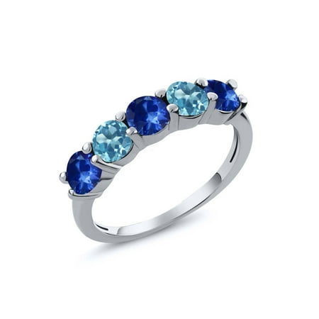 Sapphire Wedding Band - 1.12 Ct Round Blue Sapphire Swiss Blue Topaz 925 Silver Wedding Band Ring