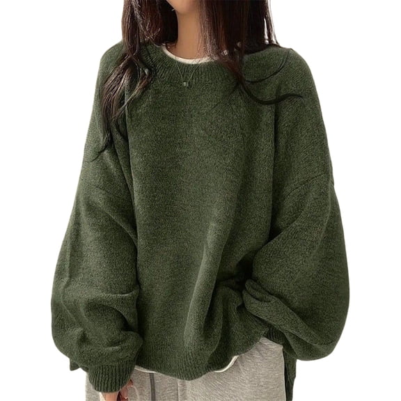 Women'S Long Sleeve Crewneck Jumper with Side Slit, Casual Soft Ribbed Knit Fall Winter Pullover Sweater Green S