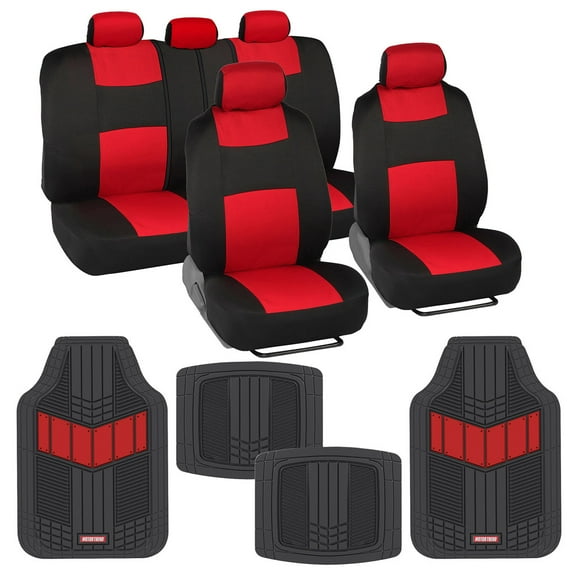 BDK PolyPro Black & Red Car Seat Covers Full Set with Motor-Trend FlexTough All Weather Rubber Car Floor Mats - Front & Rear Split Bench Seat Covers for Cars & Matching Floor Mats for Car Interior