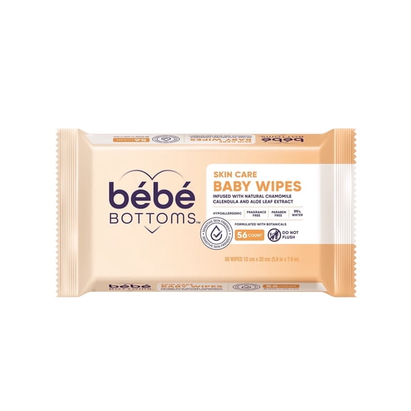 BeBe Bottoms Facial Cloth and Baby Wipe | Hypoallergenic, Fragrance & Paraben Free | Sensitive Skin Friendly | Infused with Natural Chamomile Calendula and Aloe Leaf Extract | 56 Count
