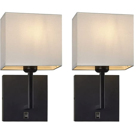 

MANXING Modern Set of 2 Bedside Nightstand Reading Wall Sconce with Square White Fabric Shade and Button Toggle On/Off Switch Wall Mounted Light for Living Room Fireplace Mantel Foyer Hallway