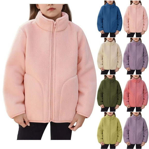 Ashirexll Kids Stand Collar Fleece Jacket for 1-15 Years Solid Color Long Sleeve Zipper Pocket Lined Warm Casual Outwear