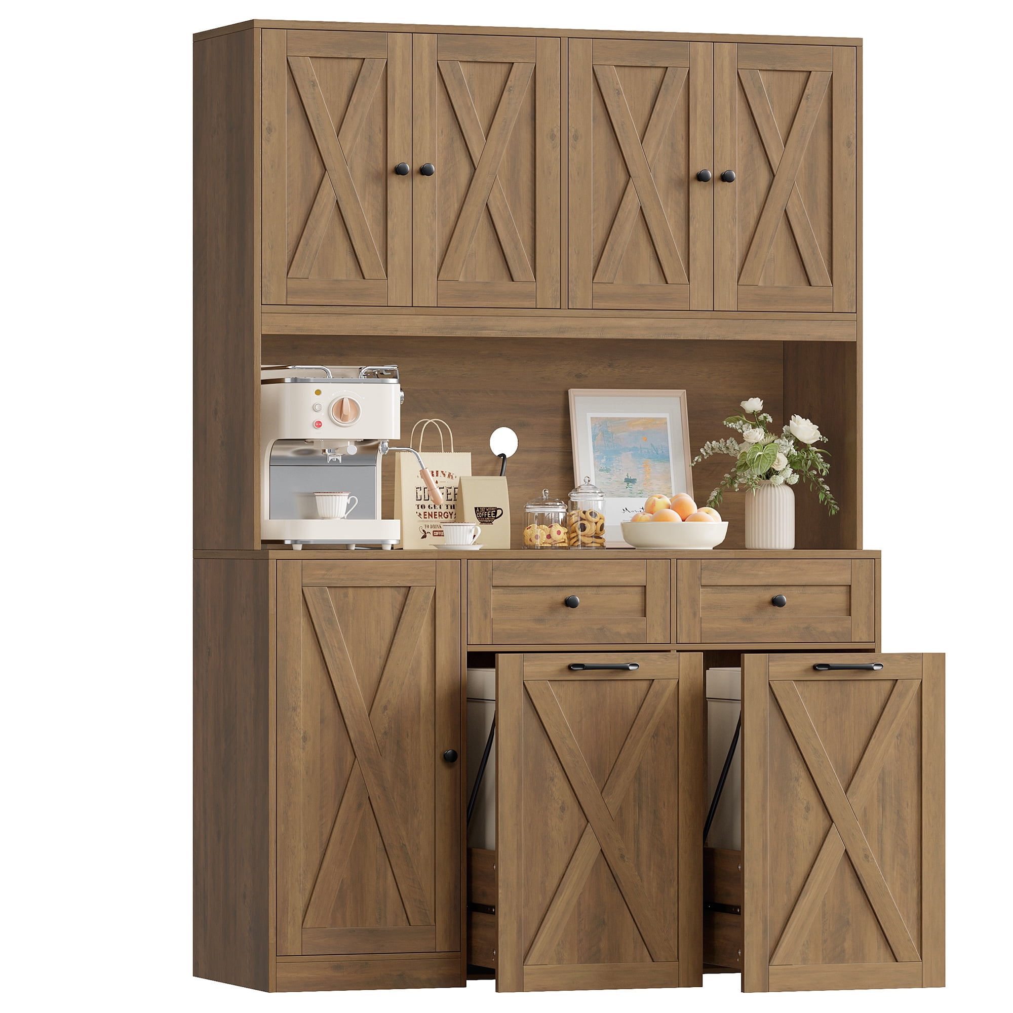 Homfa Kitchen Pantry Cabinet, Trash Can Cabinets Fits 12.5 Gallon Can, 5 Door 2 Drawer Kitchen Storage Cabinet with Hutch, Freestanding Cupboard, Rustic Brown