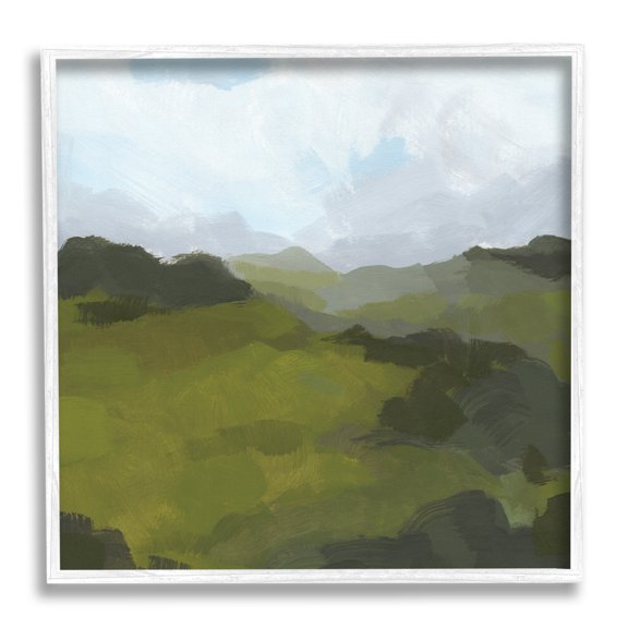 Thick Green Meadow Landscape Cloudy Hazy Sky Abstract Framed Art Print Wall Art, 17x17
