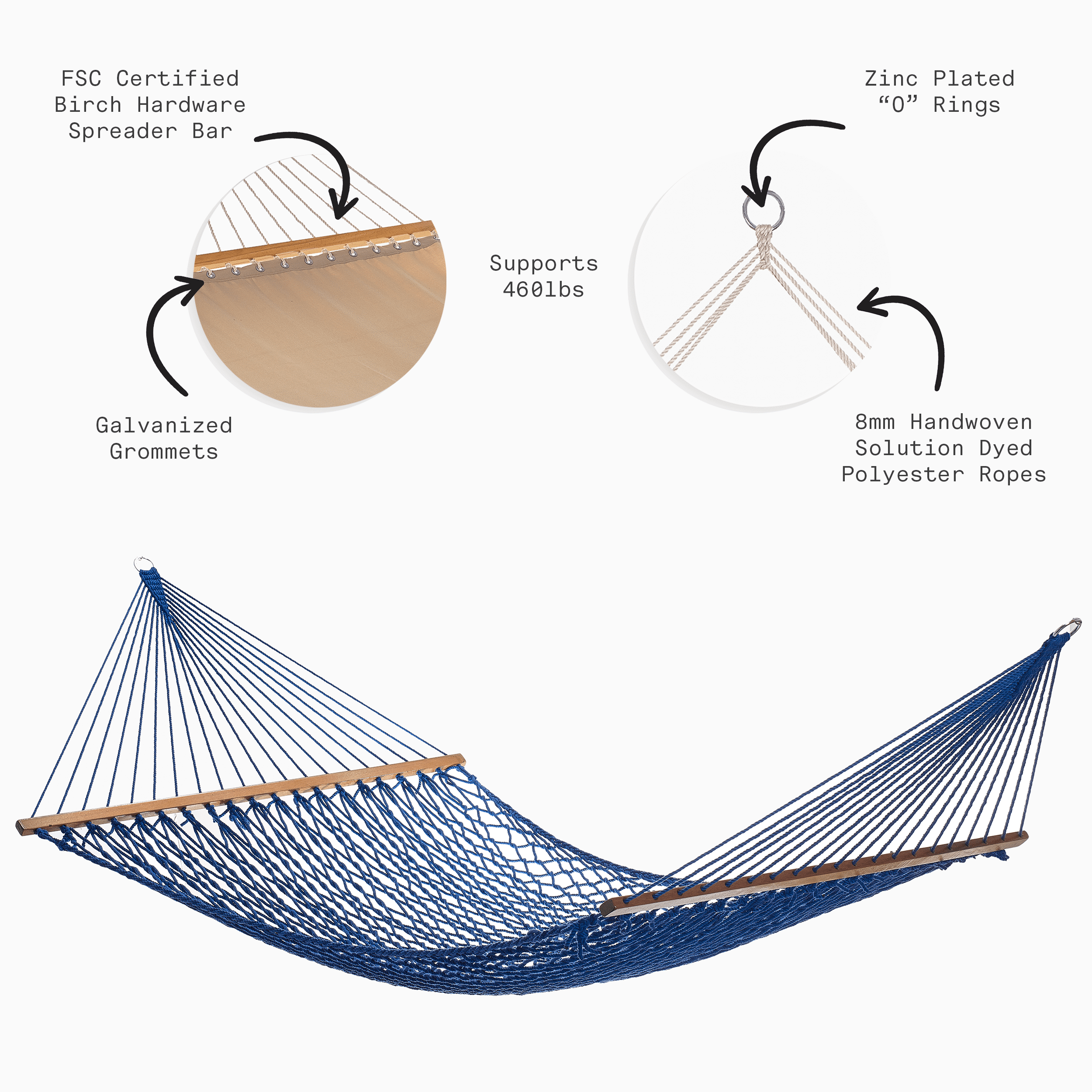 Fab Habitat Rope Recycled Polyester Hammock - Miami - Blue - Indoor/Outdoor, Quick Dry, 2 Person 400 lbs Capacity - Patio, Poolside, Backyard, Garden, Beach, Balcony - 12-14 ft Adjustable