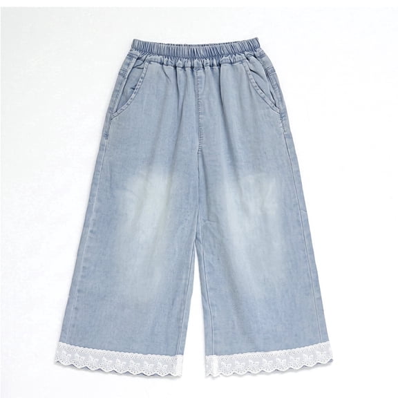 Girls Wide Leg Jeans Lace Trim Denim Culottes Elastic Waist Loose Fit Light Wash Jean Pants for Girls, Blue, Sizes 4-5Y