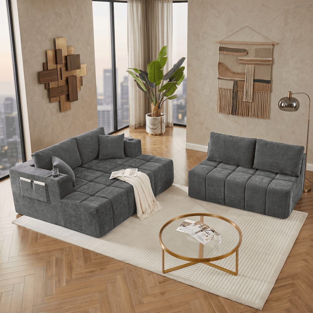 132" Modular Cloud Couch Sectional Sofa, U-Shaped Chenille Sectional with Double Chaise, Cup Holders & Side Pockets, Modern Oversized Sofa for Living Room, No Assembly, Gray
