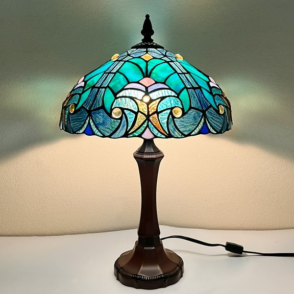 Tiffany Table Lamp Sea Green Stained Glass Table Light Antique Style Medium Size Desk Lamp Victorian Vintage Beside Reading Lamp for Living Room Bedroom Office