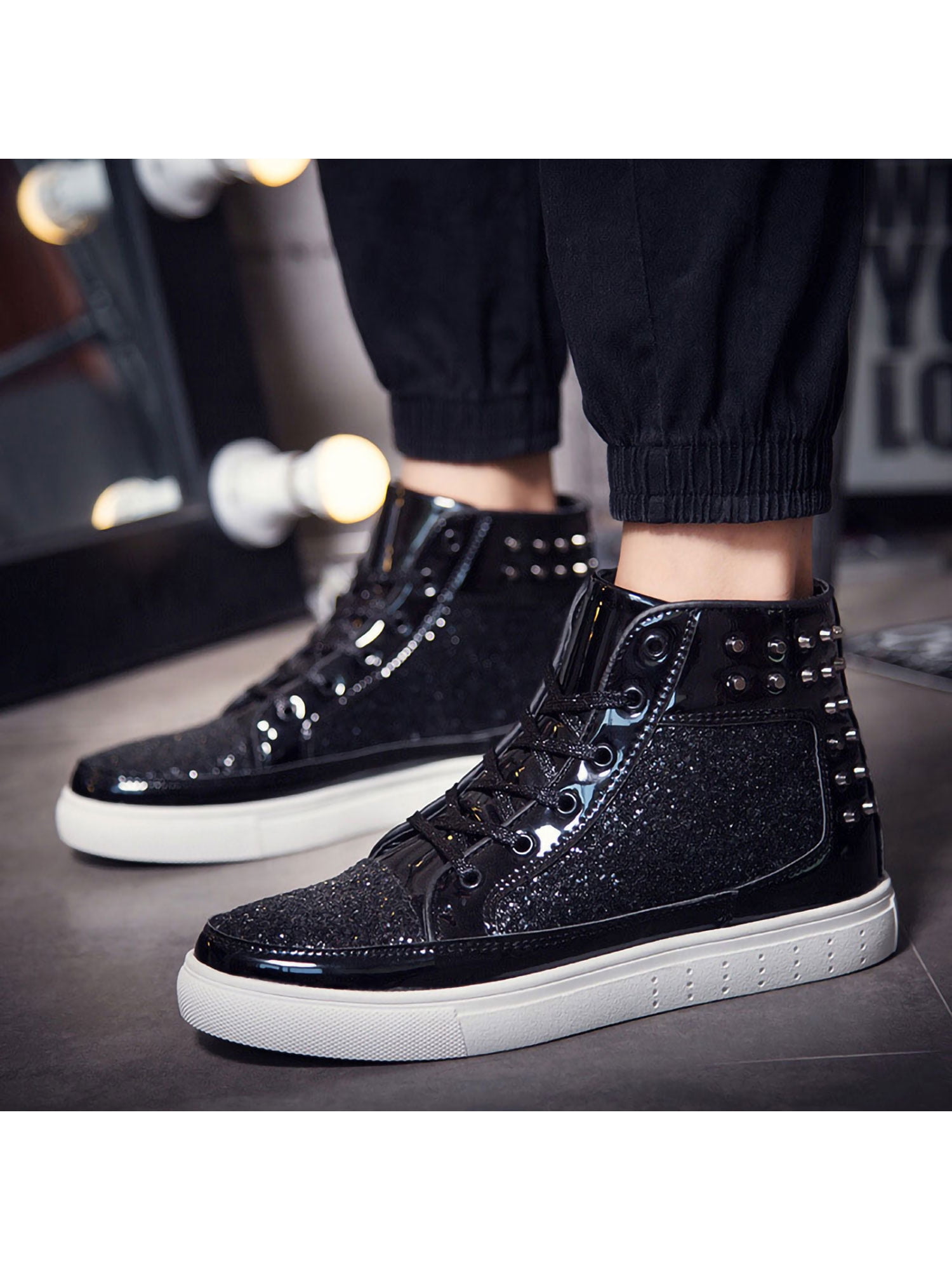 Fashion Men's Faux Patent Leather Bling Bling Lace Up High Top Shoes Sneakers N 