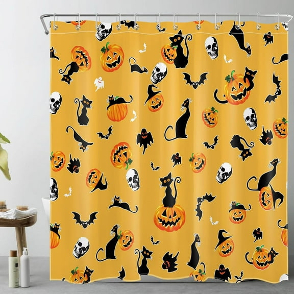 Halloween Skull Shower Curtain for Bathroom,Pumpkin Black Cat and Bat on Orange Fabric Shower Curtain with Hooks,Scary Holiday Bathroom Curtain Shower Set, 72x84 inches