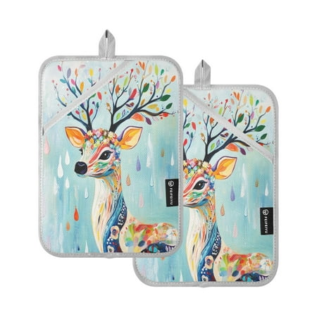 

Two Pieces Of Square Heat Insulation Pad Oven Mitts 7x9.8 Inch Oven Microwave Kitchen Cooking Baking Colorful Cool Deer