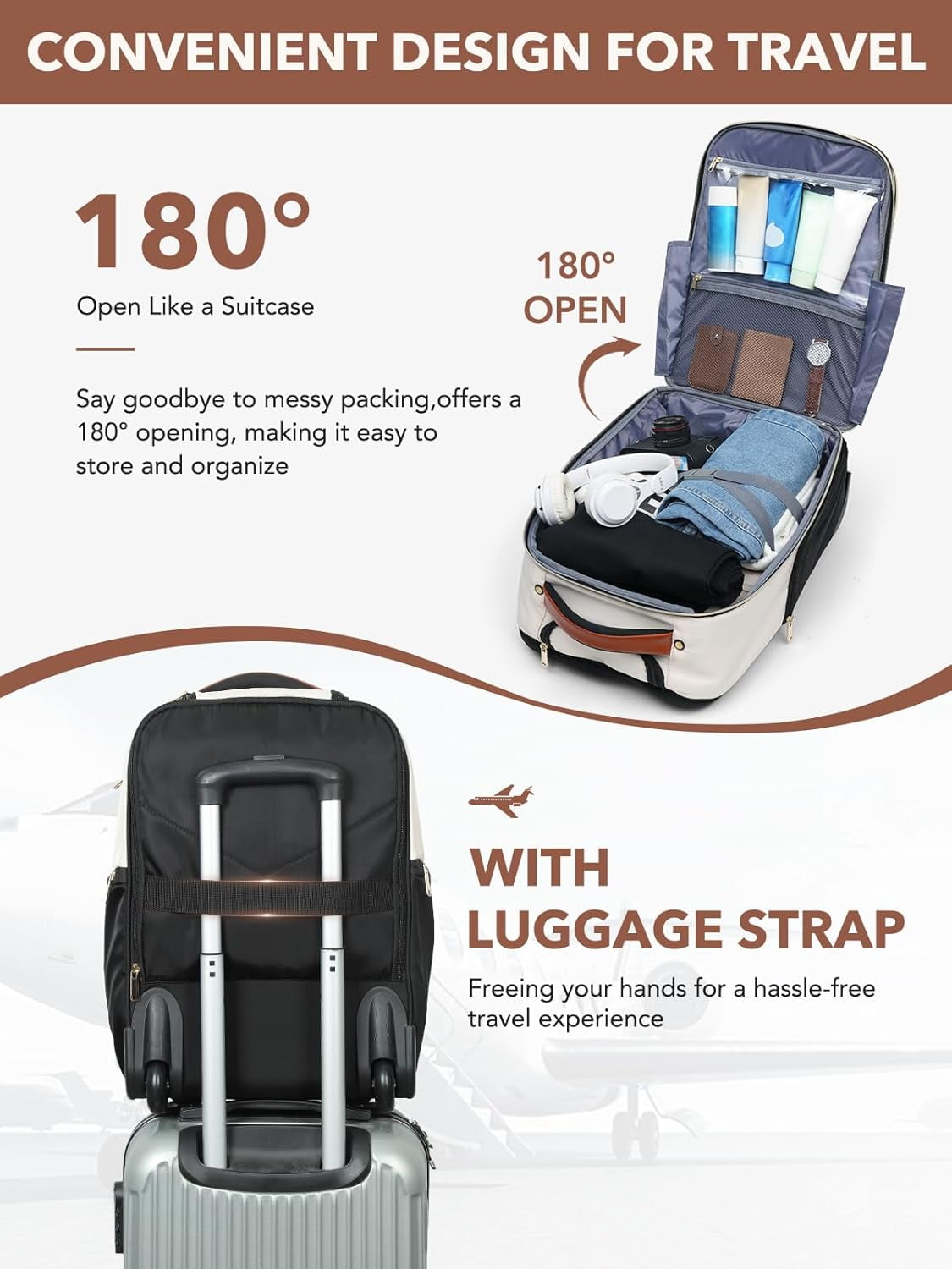 Rolling Backpack for Women, Large Travel Backpack with Wheels Carry on Flight Approved, 15.6 Inch Laptop Wheeled Roller Bag Suitcase for Work Bussiness Weekender (Black,M Underseat Size)