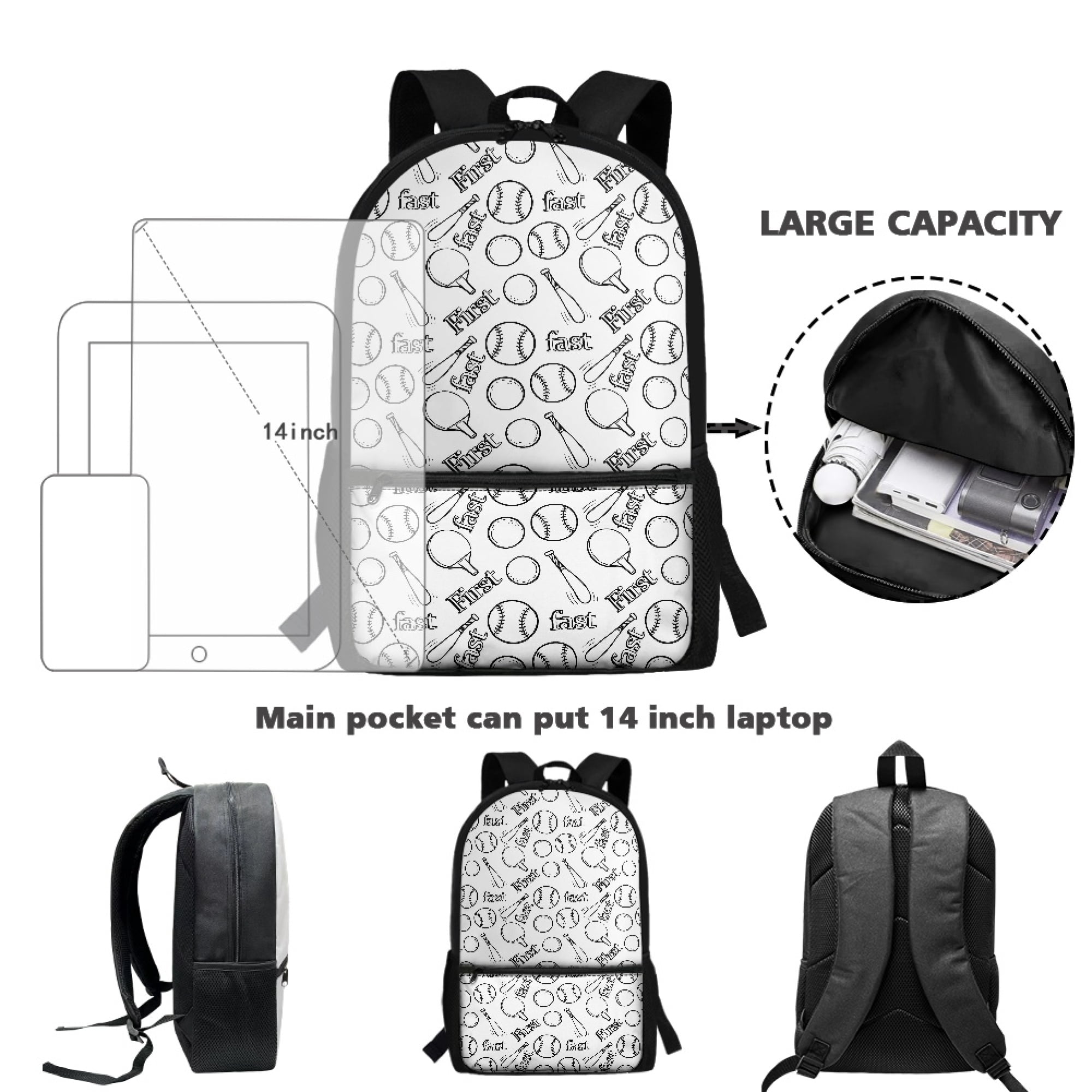 Uourmeti Smooth Zippers 17 Inch Daypack for Work Travel, Large Practical Space Large Capacity Front Pocket Backpack, Baseball Pattern