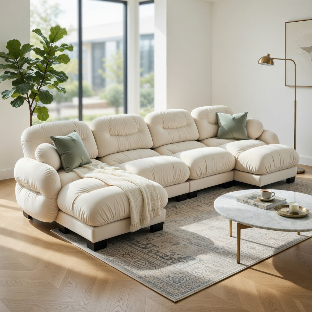 Hommoo Chenille 4-Seat L-Shaped Modular Sectional Sofa with Ottoman, Ergonomic High-Density Foam Cushions, Curved Armrests & 2 Round Throw Pillows, Pleated Back Design, Beige