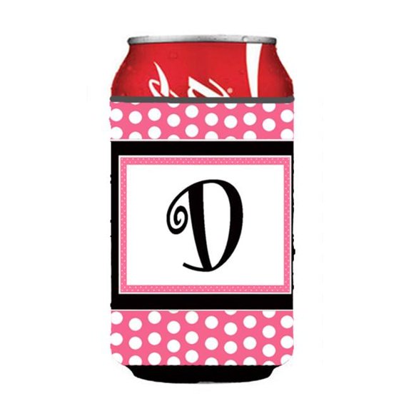 Letter D Initial Monogram - Pink Black Polka Dots Can or Bottle Hugger