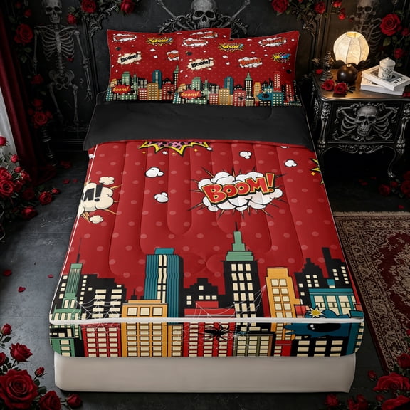 Erosebridal Comic Boom City Spider Print Zipper Twin Comforter Sets with Fitted Sheet and 2 Pillowcases for Boys Girl, Red Cartoon Halloween Town Zipper Bedding Set, Black Reversible, 4pcs