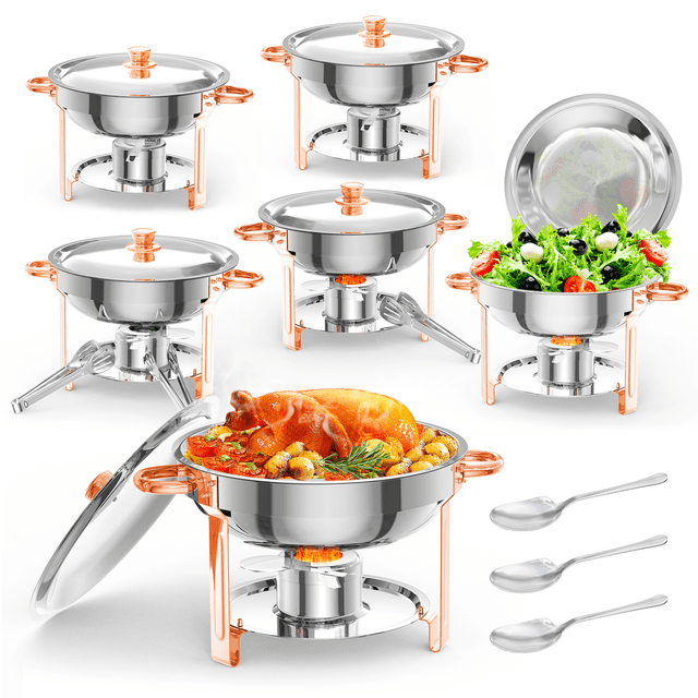 Garvee Ensemble de 6 Plats à Friction de 5 Qt pour Buffet, Ensembles de Serveurs Alimentaires Ronds en Acier Inoxydable avec Réchauds et Réchauds
