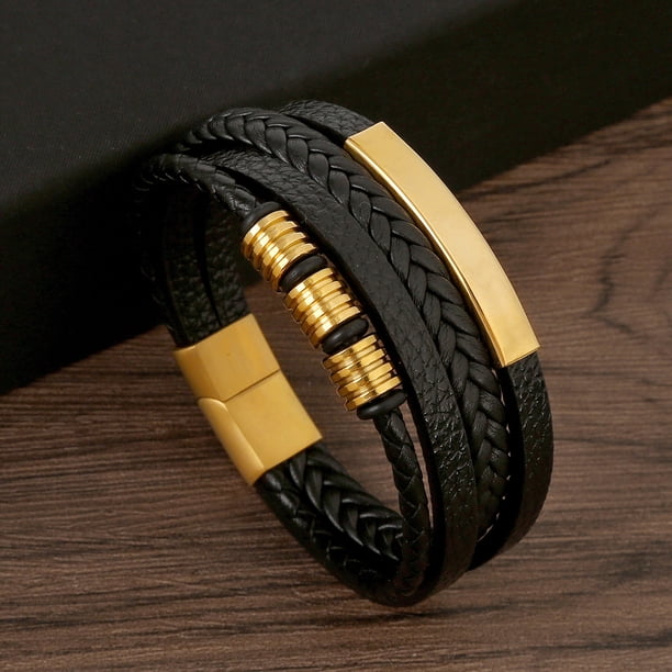 Pulsera de acero inoxidable para hombre con hebilla magnética de cuero tejido cepillado