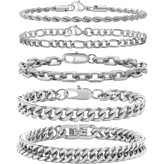 5 Pcs Chain Bracelet for Men Women - Sturdy Stainless Steel Curb Width Cuban Link Chain Bracelet Set for Men Women,6.5/7/7.4/8.2/9 Inches