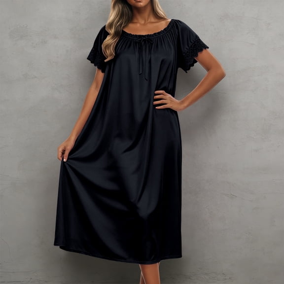 FASHOFT Silk Satin Long Nightgowns for Women Lace Solid Night Gown Victorian House Dress Short Sleeve Womens Sleepwear Night Dress Black