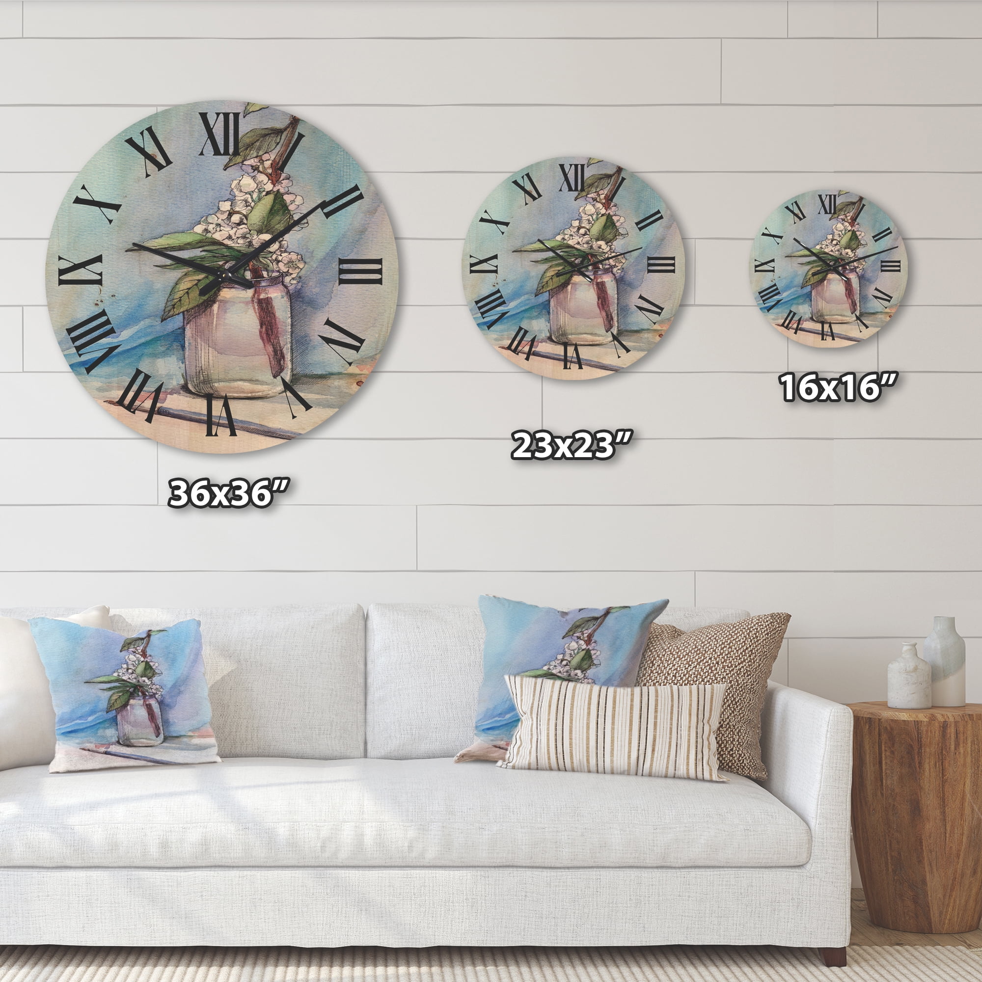 Designart 'Cherry Blossom Flowers In Glass Jar' Farmhouse Wood Wall Clock
