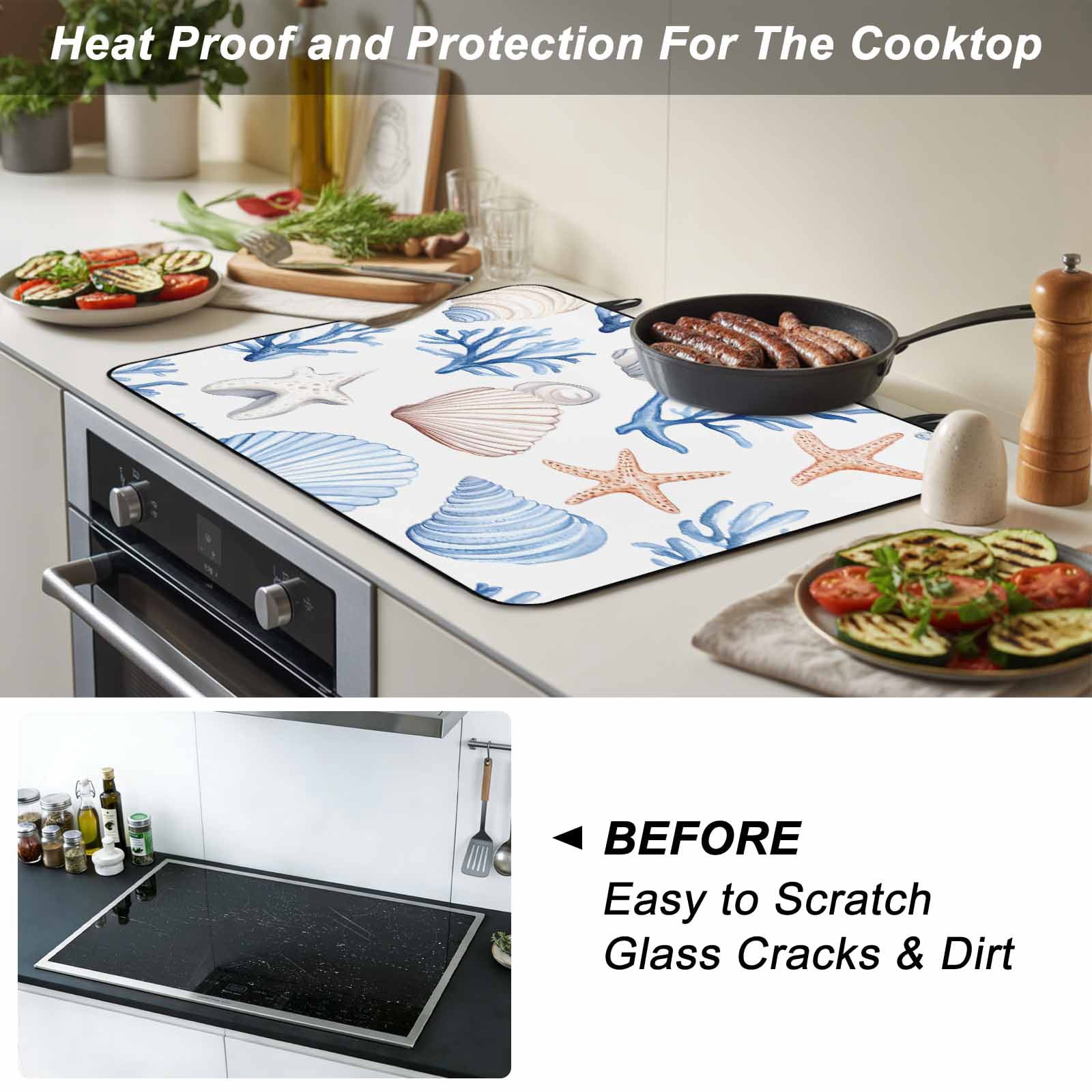 Ocean Coastal Stove Top Cover for Electric Stove, Heat-proof & Non Slip Glass Top Stove Cover Protector, Blue Coral Shell Starfish Beach Summer Kitchen Flat Cooktop Rubber Mat 24x21 Inches