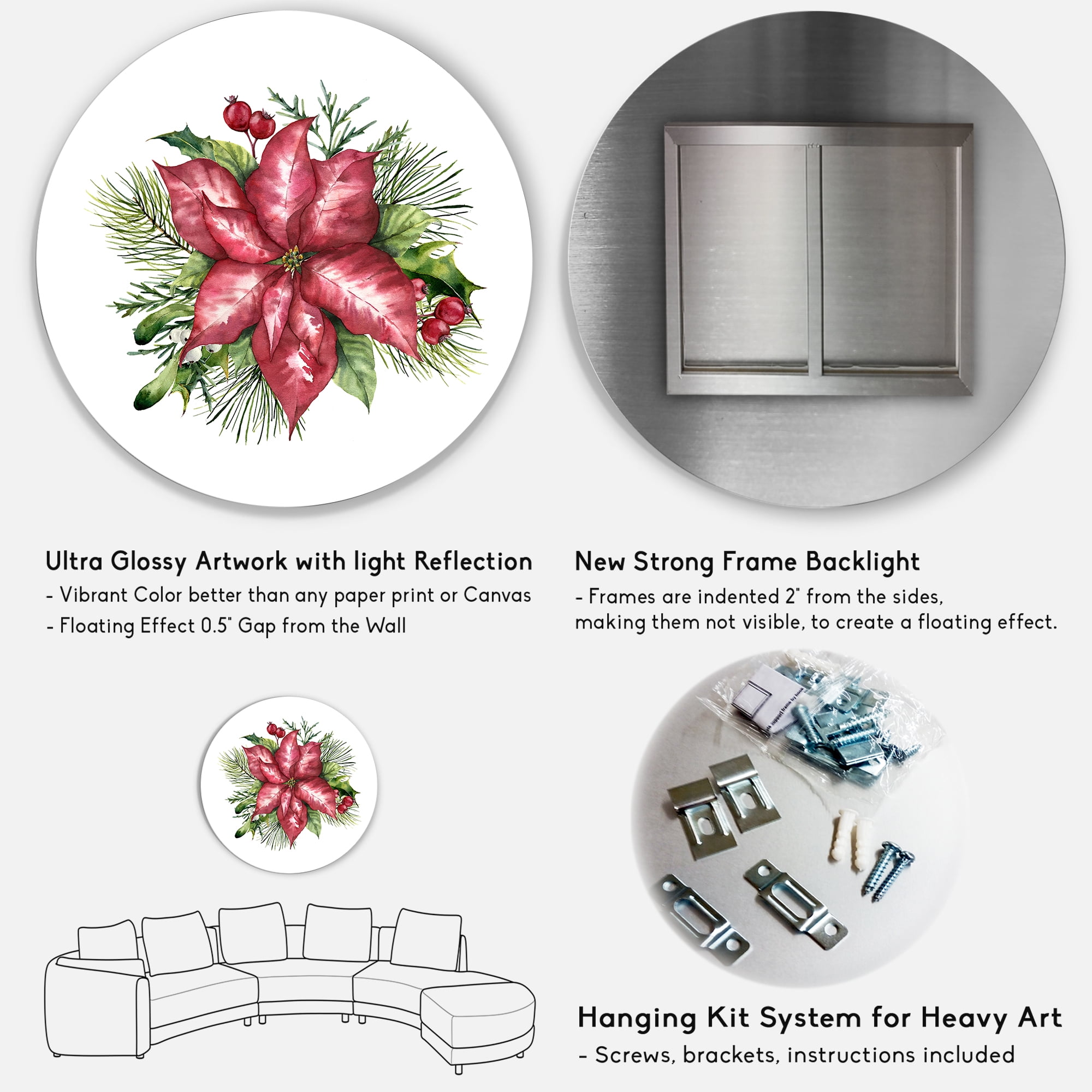 Designart 'Christmas Fir Branch and Holly Mistletoe Berries III' Traditional Circle Metal Wall Art 36x36 - Disc of 36