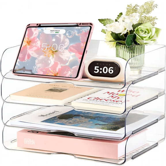 XIBUFE 4-Tier Large-Capacity Paper Organizer, Clear Stackable Desk Organizer & Acrylic Paper Tray, Transparent & Easy Access, Desk File Organizer for Home Office & School