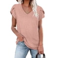 thumbnail image 2 of Top de manga corta con pétalos para mujer, camiseta informal con agujeros calados y cuello en V, camiseta informal para uso en verano, cuero, rosa, M, 2 of 5