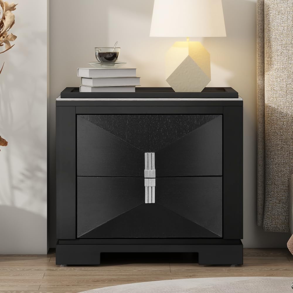 YWEN Mid-Century Modern Nightstand 2 Drawers Wide Sofa Side Table Wood Diamond Shaped End Table with Storage Small Bedside Table for Bedroom Living Room Entrance Black
