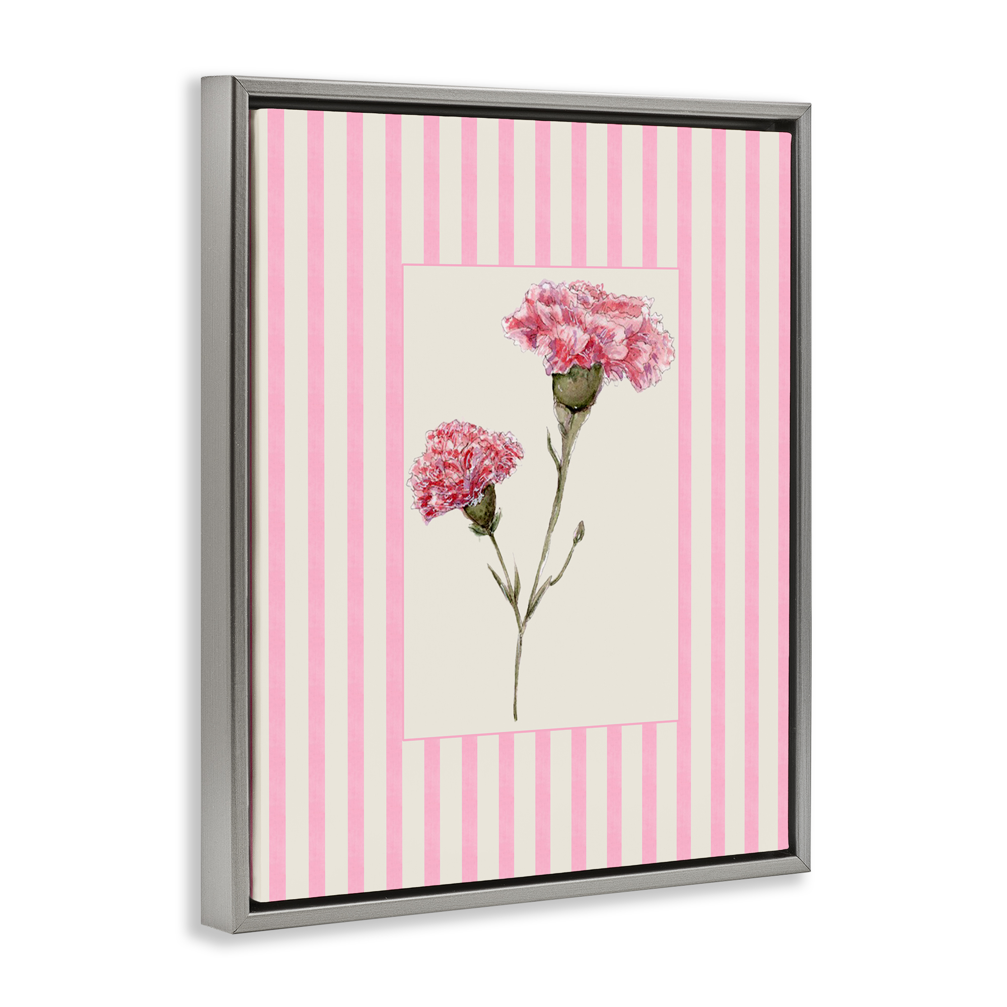 Pink Stripe Carnation Gray Framed Floater Canvas Wall Art, design by Lisa Wehmeyer