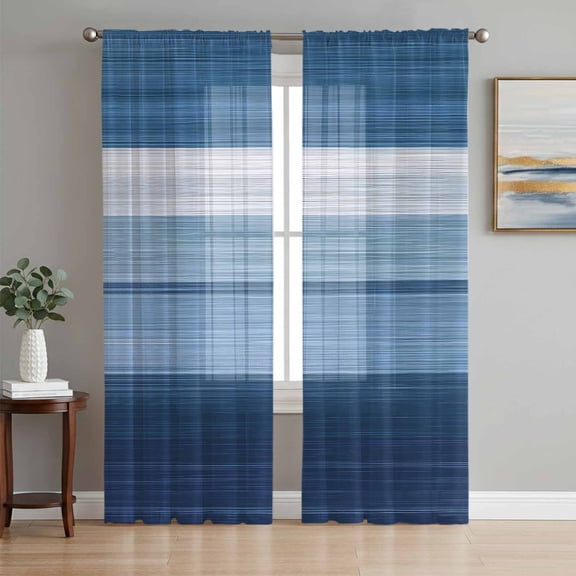 Blue Ombre Stripe Semi Sheer Window Curtains 63 Inches Long, Farmhouse Striped Modern Abstract Art Rod Pocket Voile Silky Chiffon Curtain Light Filtering Drapes for Living Room, 52"x63", 2 Panels