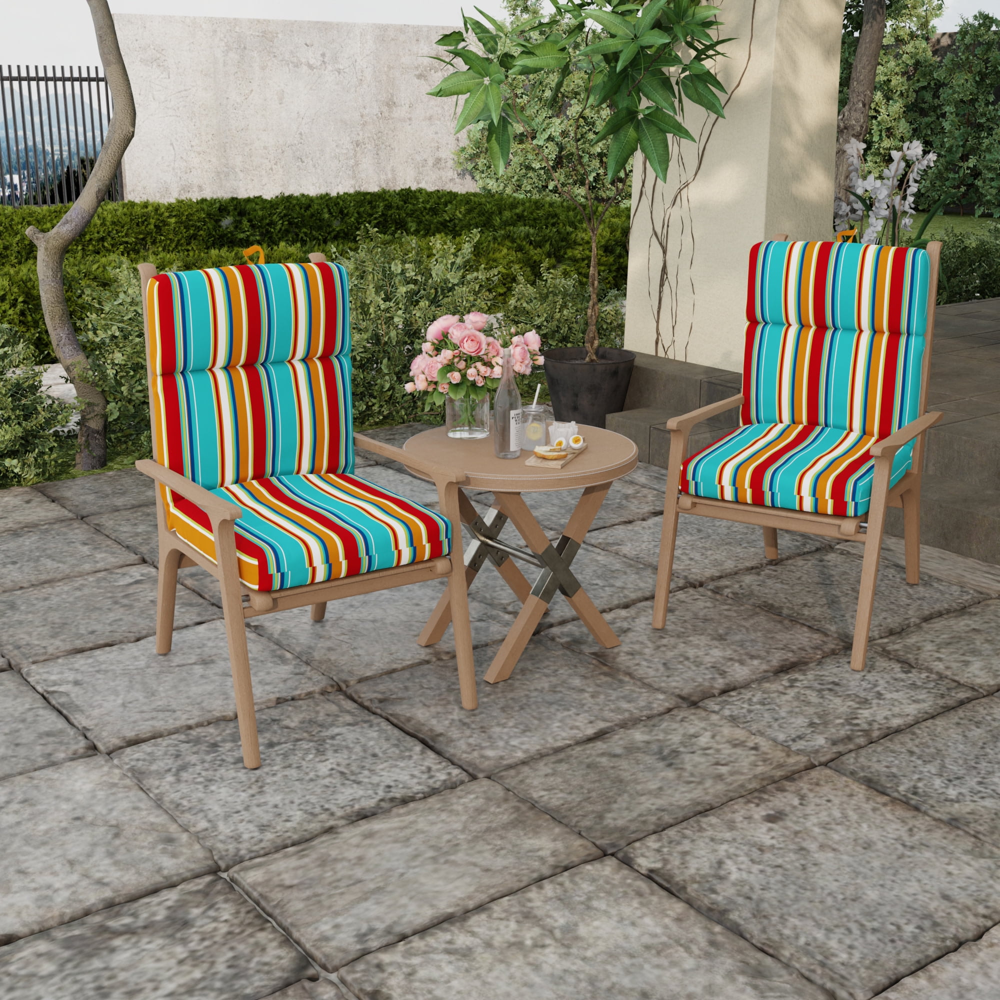Jordan Manufacturing 44" x 22" Covert Fiesta Multicolor Stripe Rectangular Outdoor Chair Cushion with Ties and Hanger Loop