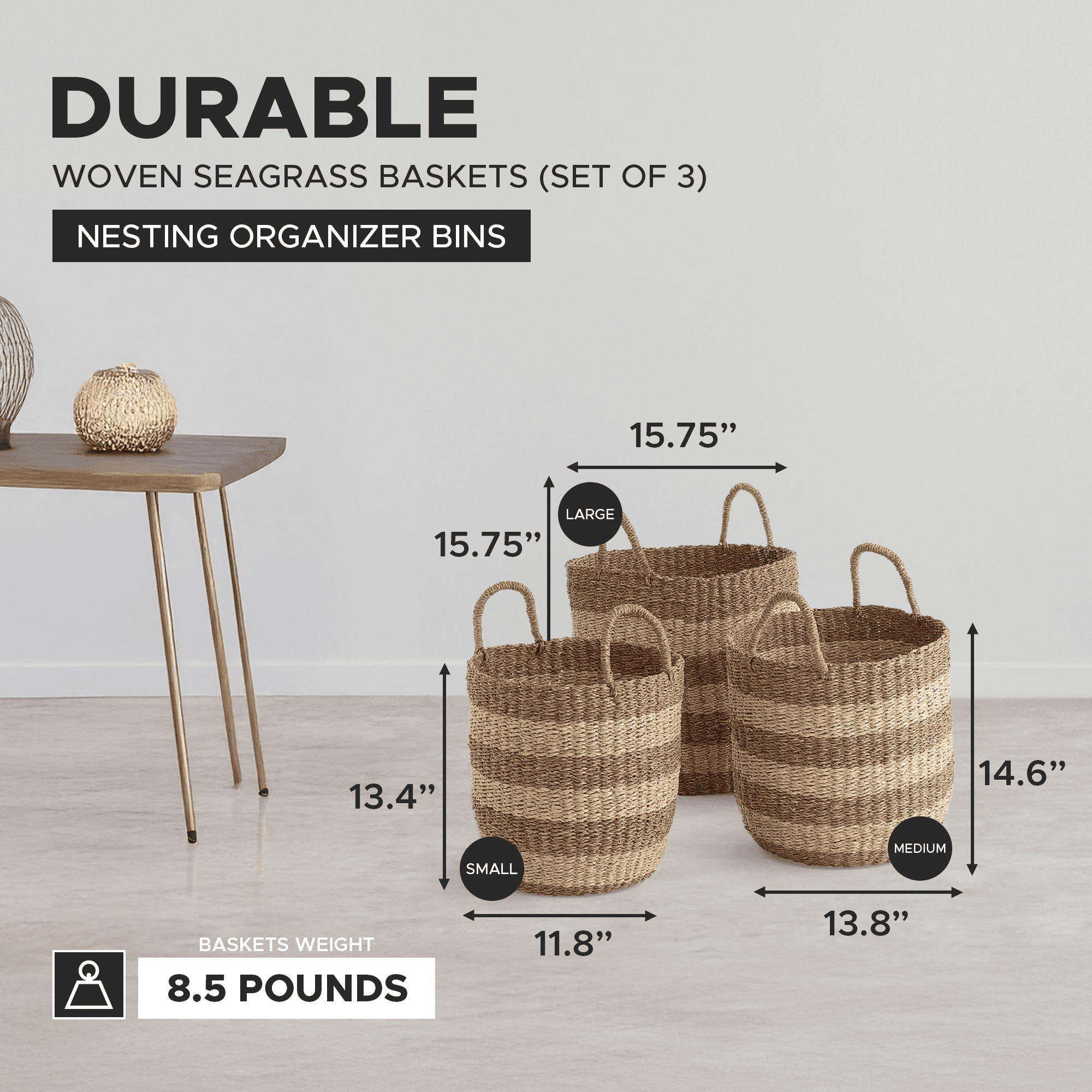 texxture Set of 3 Camden Woven Baskets, Nesting Organizer Bins, Natural