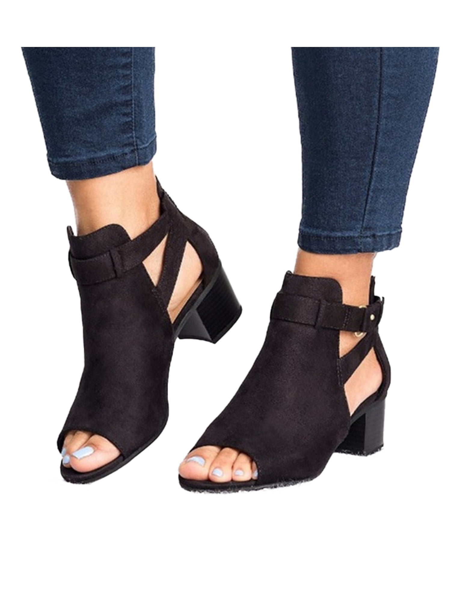 Women High Heel Wedge Sandals Suede Peep Toe Hollow Black Platform Flat Shoes 