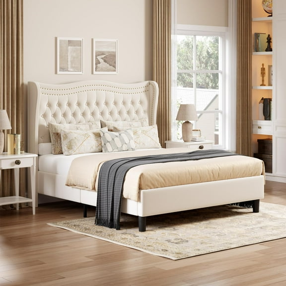 Miniyam Full Size Wingback Bed with 52" Velvet Upholstered Headboard, Nailhead Trim, Sturdy Wood Slats for Adults, Beige